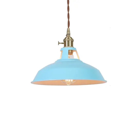 Vintage blue iron art pendant light with matte sky-blue metal shade and brass hardware by decorbites blue iron