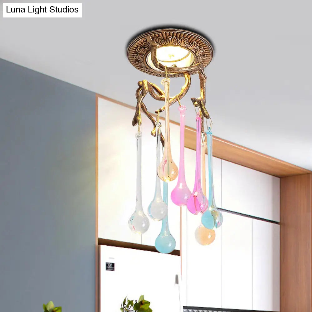 Vintage Blue-Purple/Clear Teardrop Crystal LED Ceiling Light for Bedrooms
