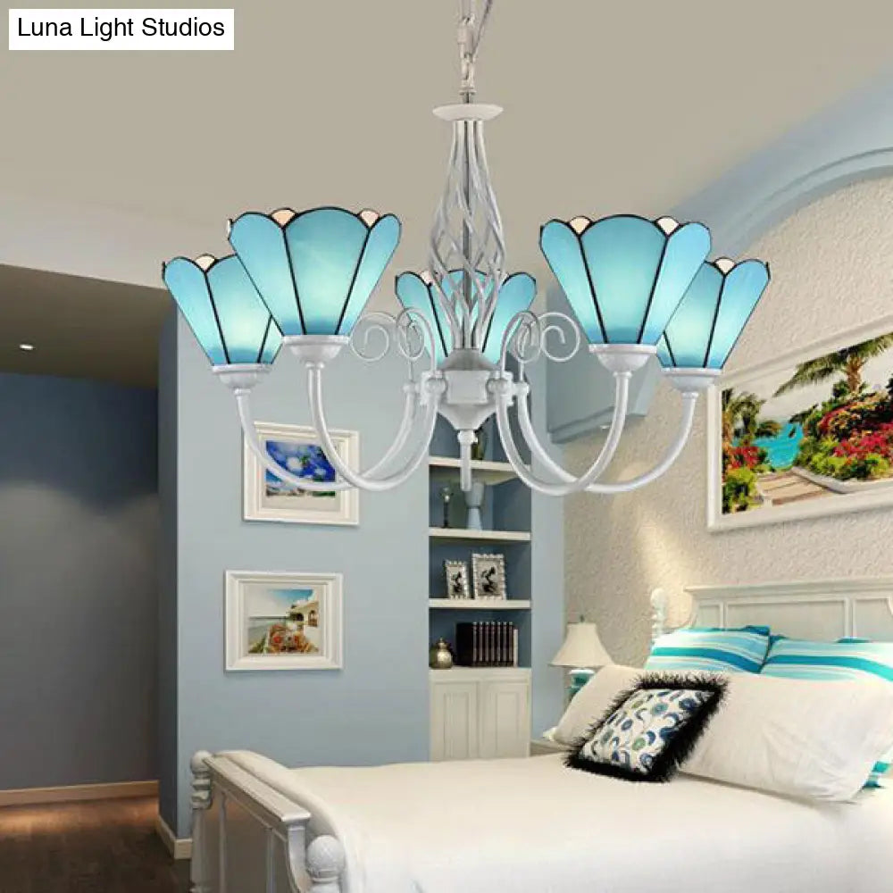 Vintage Blue Stained Glass Cone Chandelier with Chain and Gooseneck Design - 5 Lights