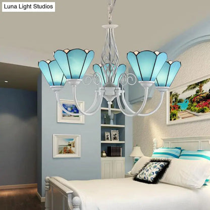 Vintage Blue Stained Glass Cone Chandelier with Chain and Gooseneck Design - 5 Lights