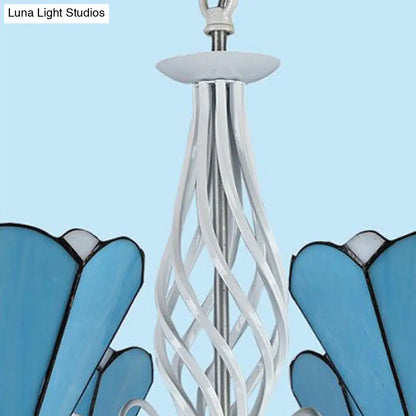 Vintage Blue Stained Glass Cone Chandelier with Chain and Gooseneck Design - 5 Lights