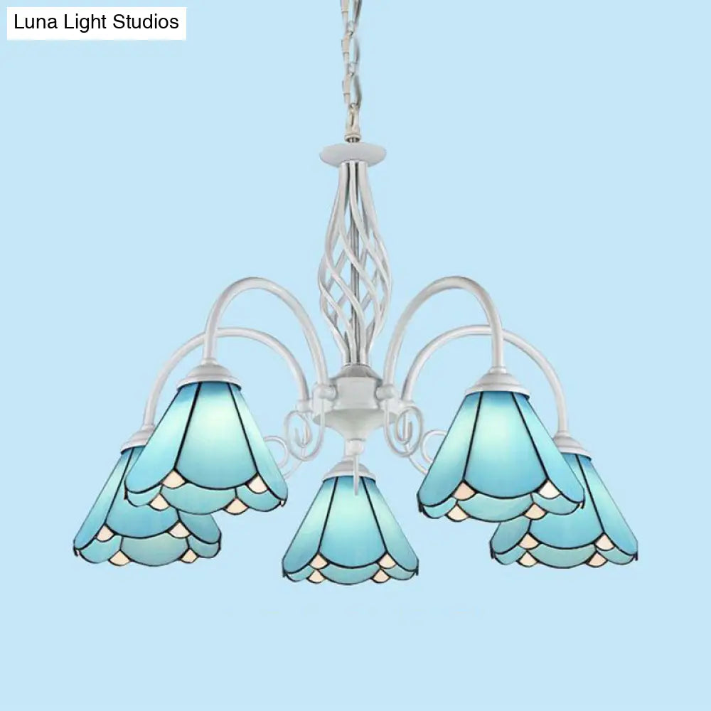 Vintage Blue Stained Glass Cone Chandelier with Chain and Gooseneck Design - 5 Lights