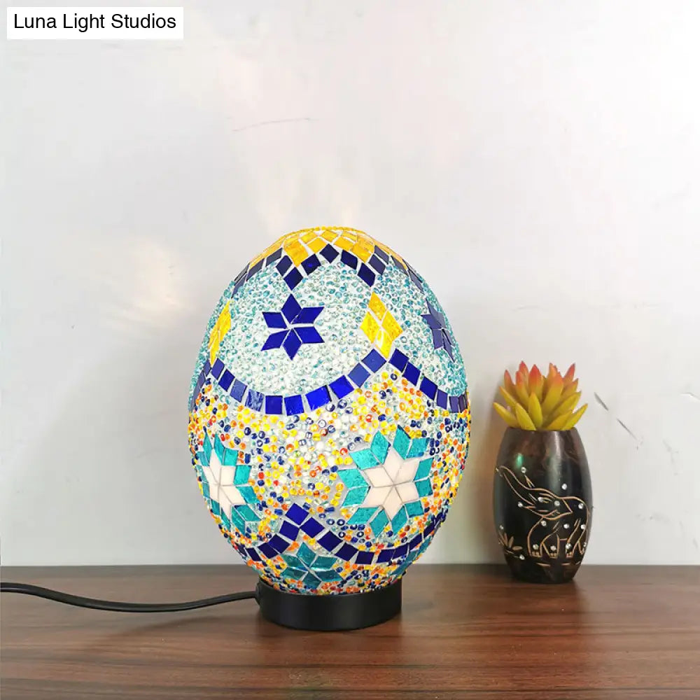 Vintage Blue Stained Glass Table Light for Bedroom Desk - 1-Light, Elegant Oval Shade
