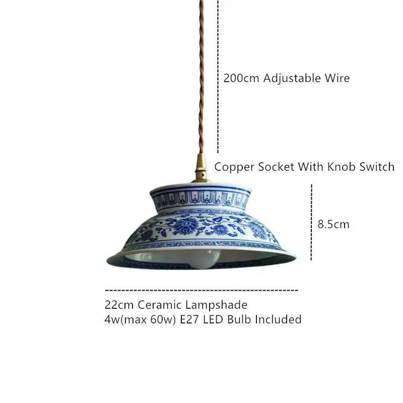 A 22cm vintage blue and white ceramic pendant lamp with intricate floral patterns suspended by adjustable copper wire decorbites ceramic led