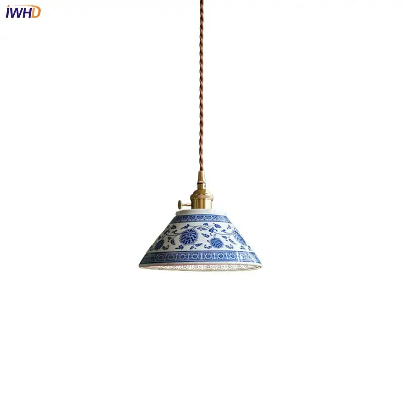 Vintage blue and white ceramic pendant lamp with intricate floral patterns for dining room decorbites ceramic led lighting