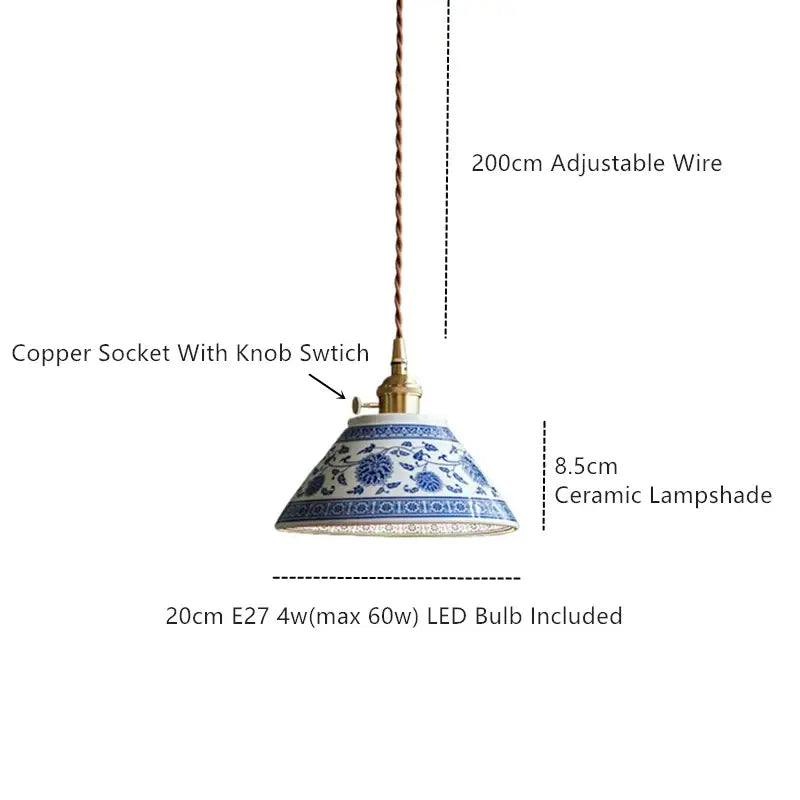 Vintage blue and white ceramic pendant lamp with intricate floral patterns for dining room decorbites ceramic led lighting