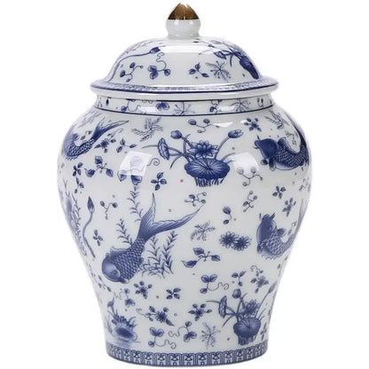 Vintage blue and white porcelain general jar with intricate fish lotus and floral designs for living room storage decorbites blue