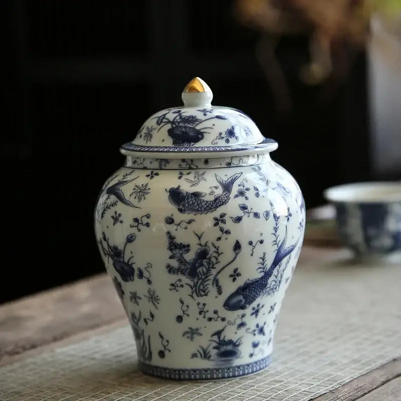 A vintage blue and white porcelain general jar with intricate fish and floral designs for living room storage