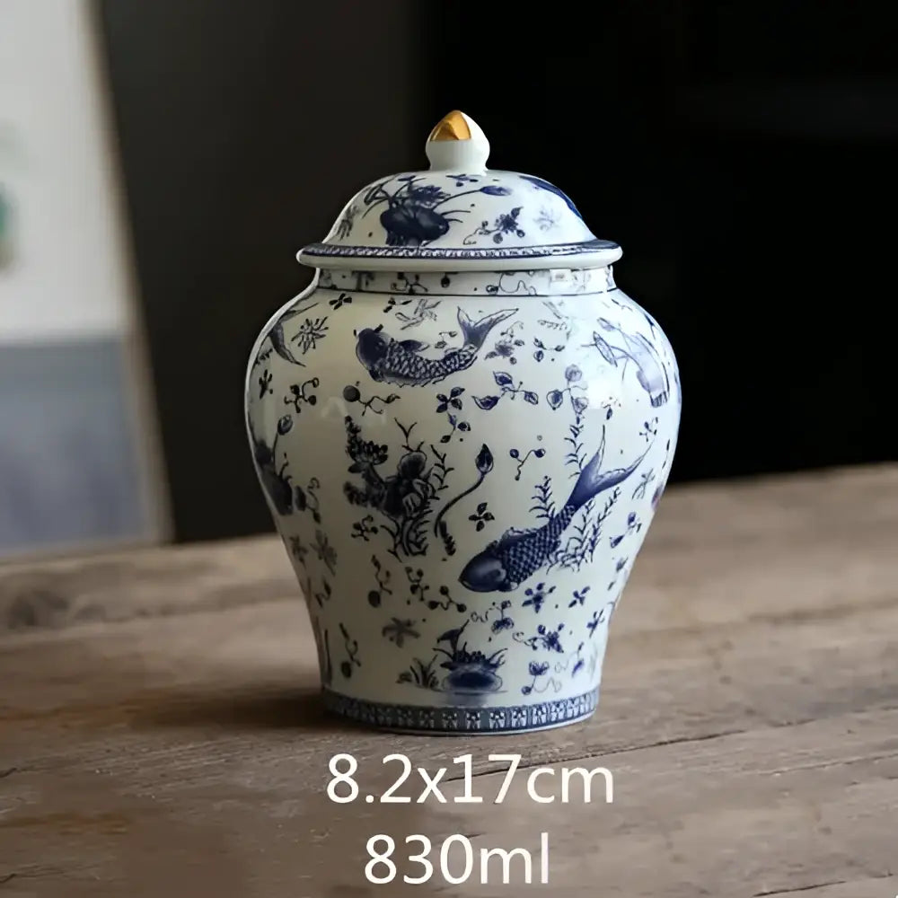White porcelain general jar with blue and white fish and flower pattern decorbites blue vintage living room storage tank