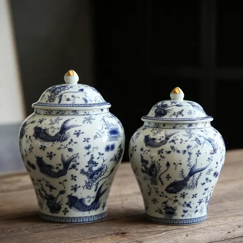 Two elegant white porcelain general jars with intricate blue fish patterns and golden finial lids for living room storage