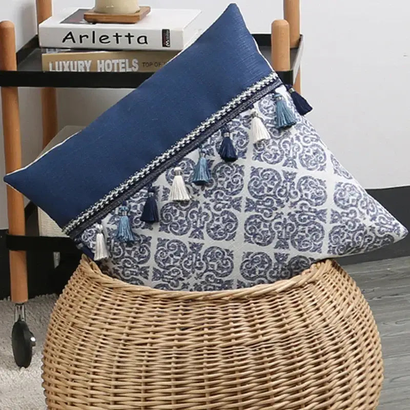 Vintage blue and white pillow cover with tassel trim decorbites blue tassel pillow for living room decor
