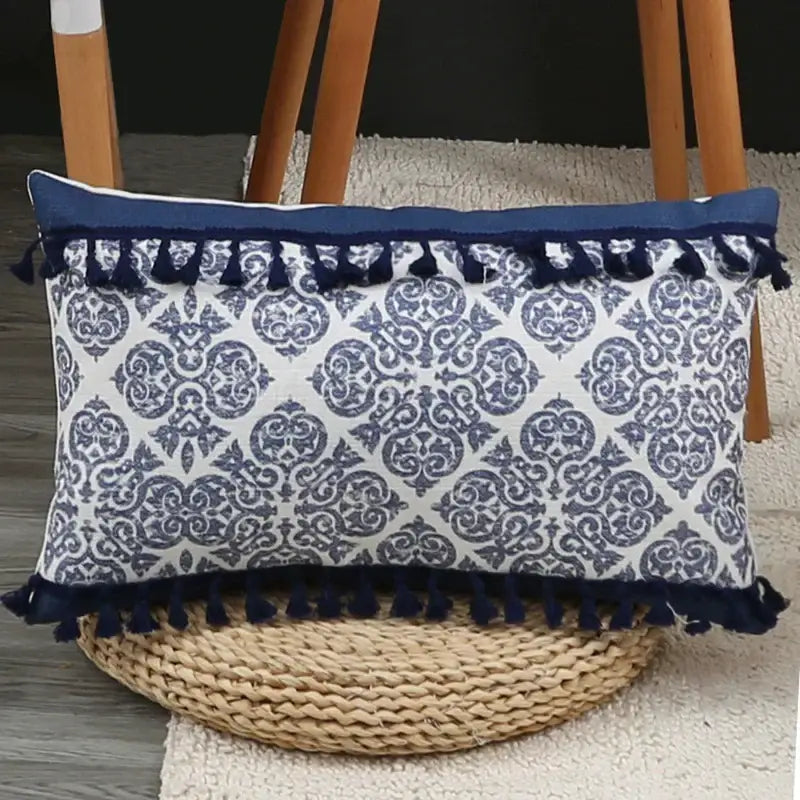 Blue and white patterned rectangular pillow cover with tassel trim for vintage decorbites blue tassel pillow decor