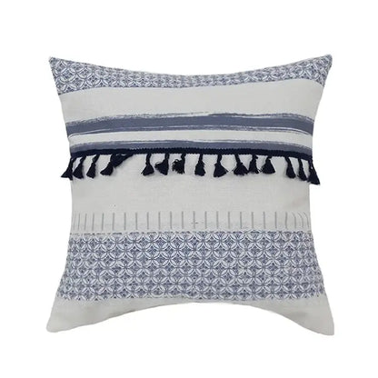 A square pillow cover with a white base, vintage blue tassel stripes, and navy tassels for living room decorbites decor