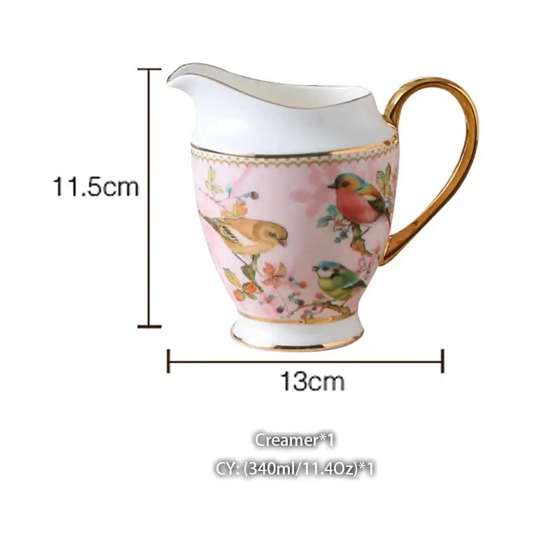 Vintage pink bone china milk jug with colorful bird floral illustrations gold trim decorbites bone china creamer