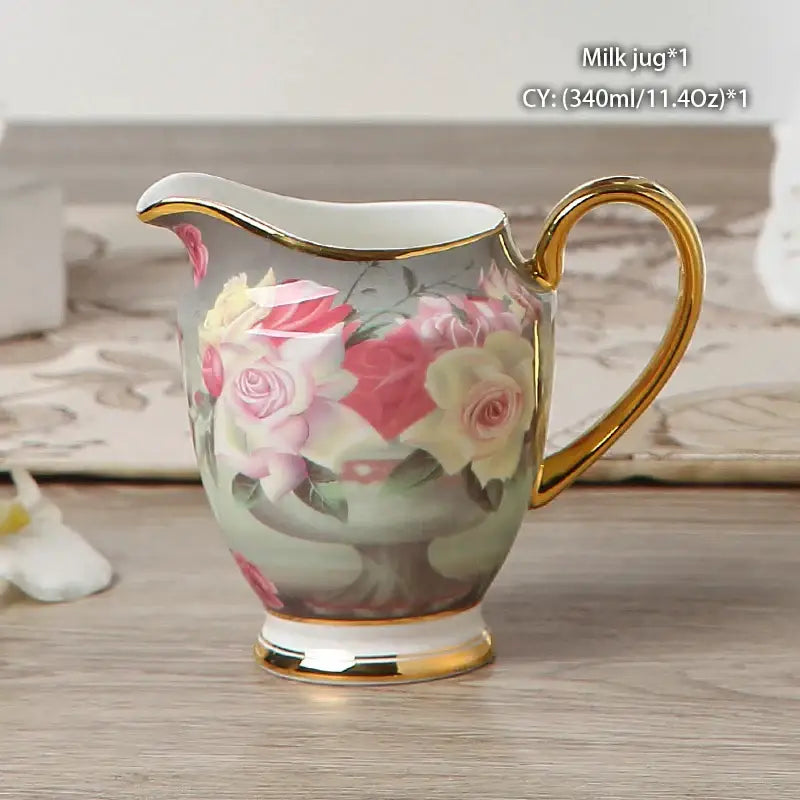 Vintage bone china milk jug with hand-painted pink cream roses and elegant gold trim by decorbites bone china