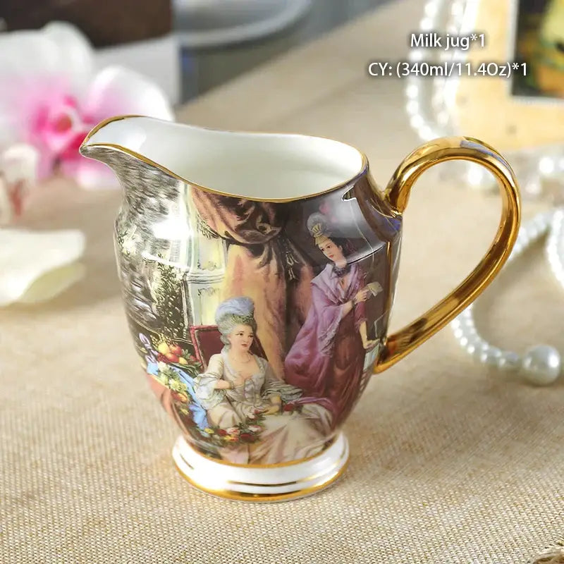 Vintage bone china milk jug with gold trim featuring a delicate painted scene of two women for decorbites bone china