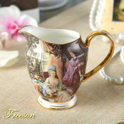 Vintage bone china milk jug creamer with gold trim featuring a painted scene of 18th-century ladies decorbites bone china