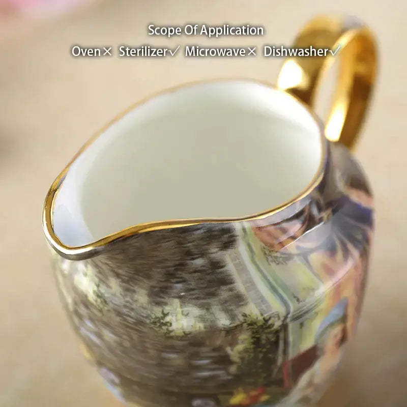 Vintage bone china milk jug with gold trim featuring a painted landscape design for dining room decorbites bone china