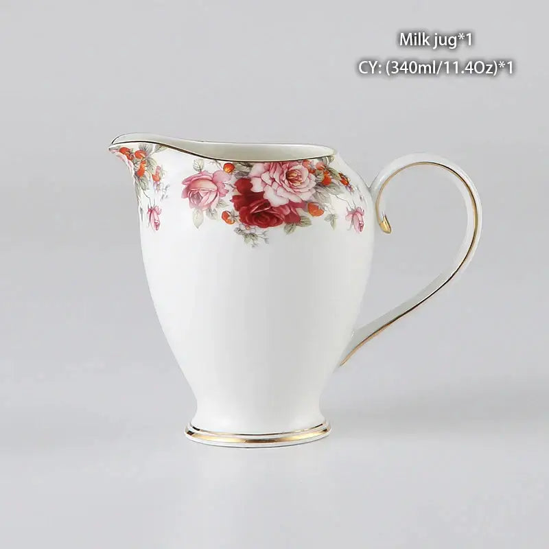 Vintage white bone china milk jug with delicate red and pink rose design and gold trim by decorbites bone china