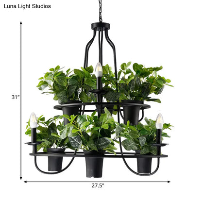 Vintage Bonsai Ceiling Chandelier with Iron Pendant Light in Black, 3/6 Bulbs, 1/2-Layer Design, 19.5"/27.5" Width