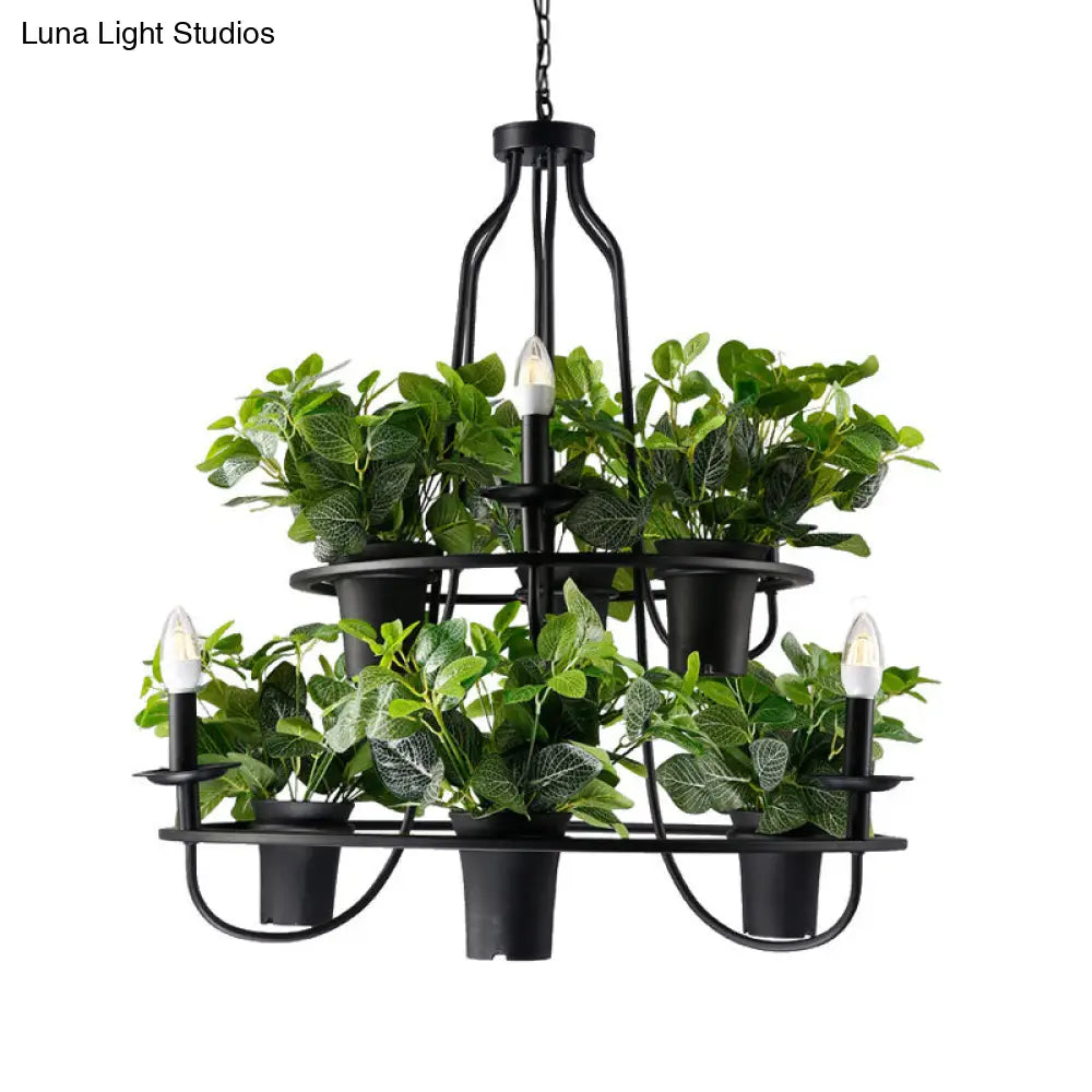 Vintage Bonsai Ceiling Chandelier with Iron Pendant Light in Black, 3/6 Bulbs, 1/2-Layer Design, 19.5"/27.5" Width