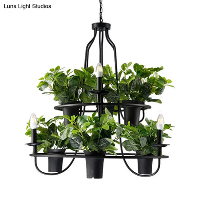 Vintage Bonsai Ceiling Chandelier with Iron Pendant Light in Black, 3/6 Bulbs, 1/2-Layer Design, 19.5"/27.5" Width