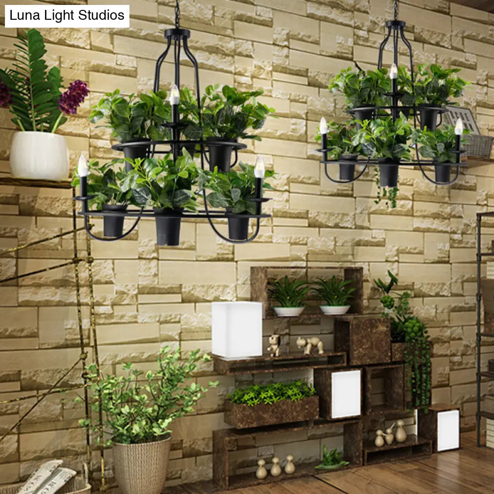 Vintage Bonsai Ceiling Chandelier with Iron Pendant Light in Black, 3/6 Bulbs, 1/2-Layer Design, 19.5"/27.5" Width