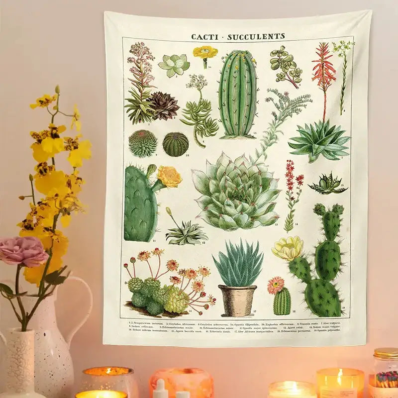 Beige wall hanging with vintage botanical cactus tapestry featuring green yellow and red succulents for bedroom decor