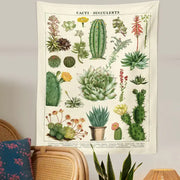 Vintage botanical cactus tapestry wall hanging features detailed muted green yellow and brown cacti on cream decorbites cactus tapestry background