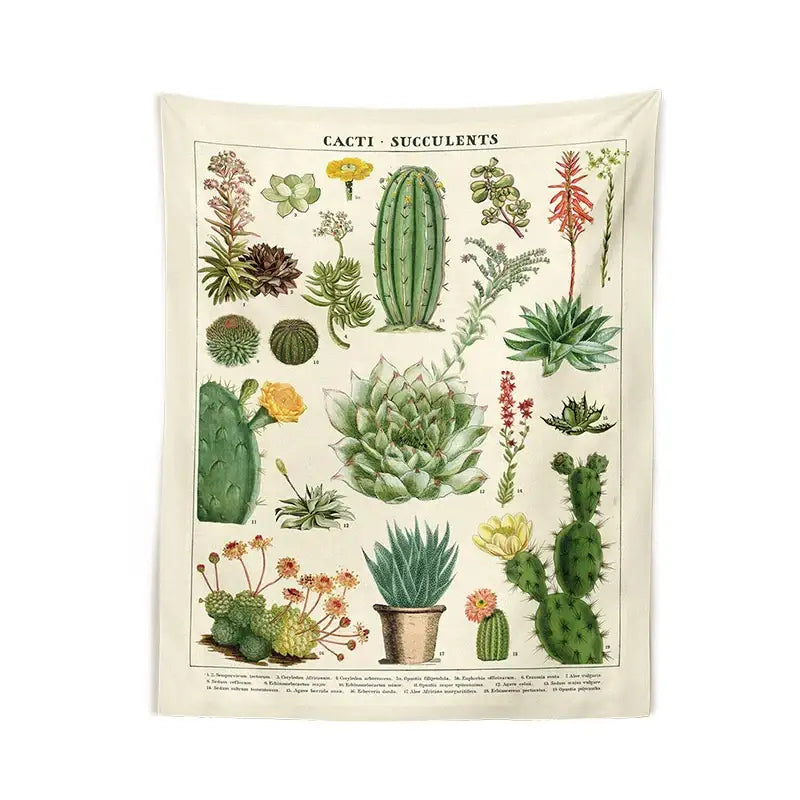 Beige vintage botanical wall hanging with detailed green yellow and brown cacti and succulents for cactus tapestry wall decorbites