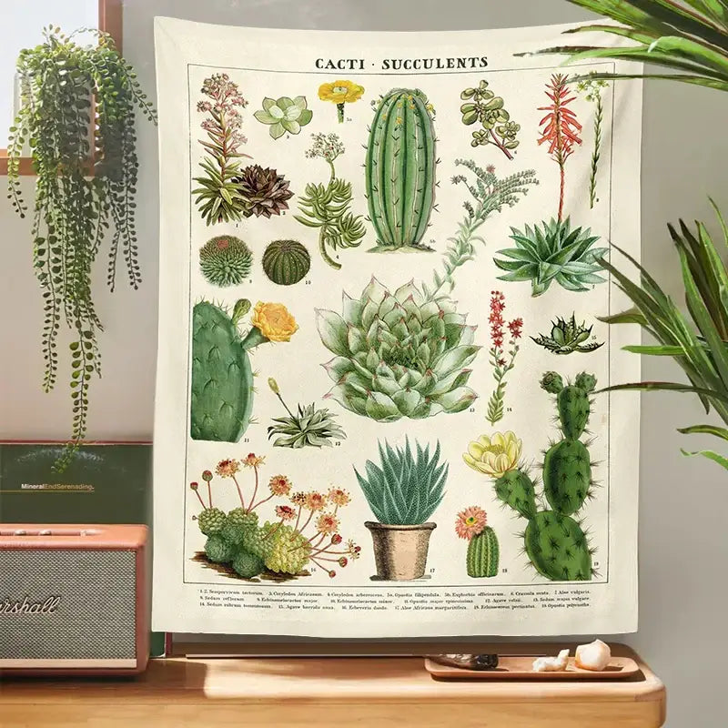 Beige decorbites cactus tapestry wall hanging featuring detailed botanical illustrations of green yellow and red cacti for bedroom decor