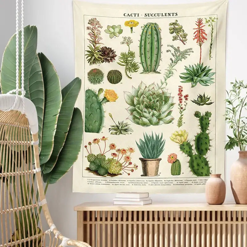 Beige vintage botanical cactus tapestry wall hanging with detailed green yellow and brown succulents for bedroom decorbites decor