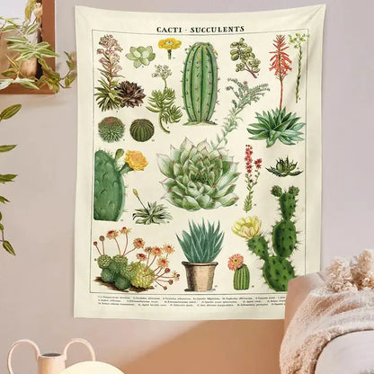 Beige vintage botanical cactus tapestry wall hanging with detailed green, yellow, and red succulents for bedroom decorbites decor