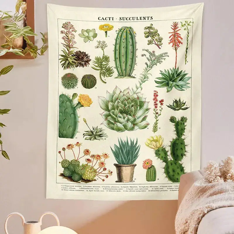 Beige vintage botanical cactus tapestry wall hanging with detailed green, yellow, and red succulents for bedroom decorbites decor