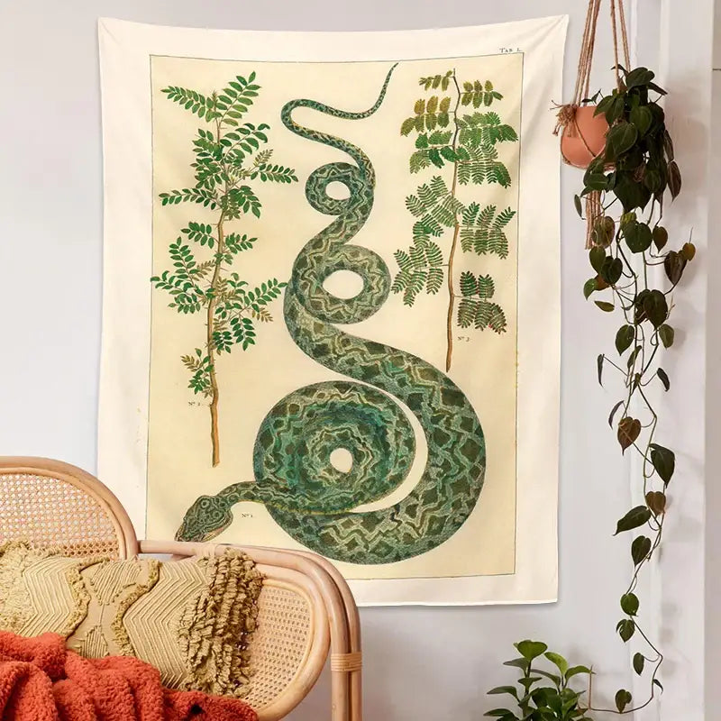 Vintage botanical celestial snake tapestry wall hanging featuring a green snake with intricate leafy patterns for decorbites celestial snake decor