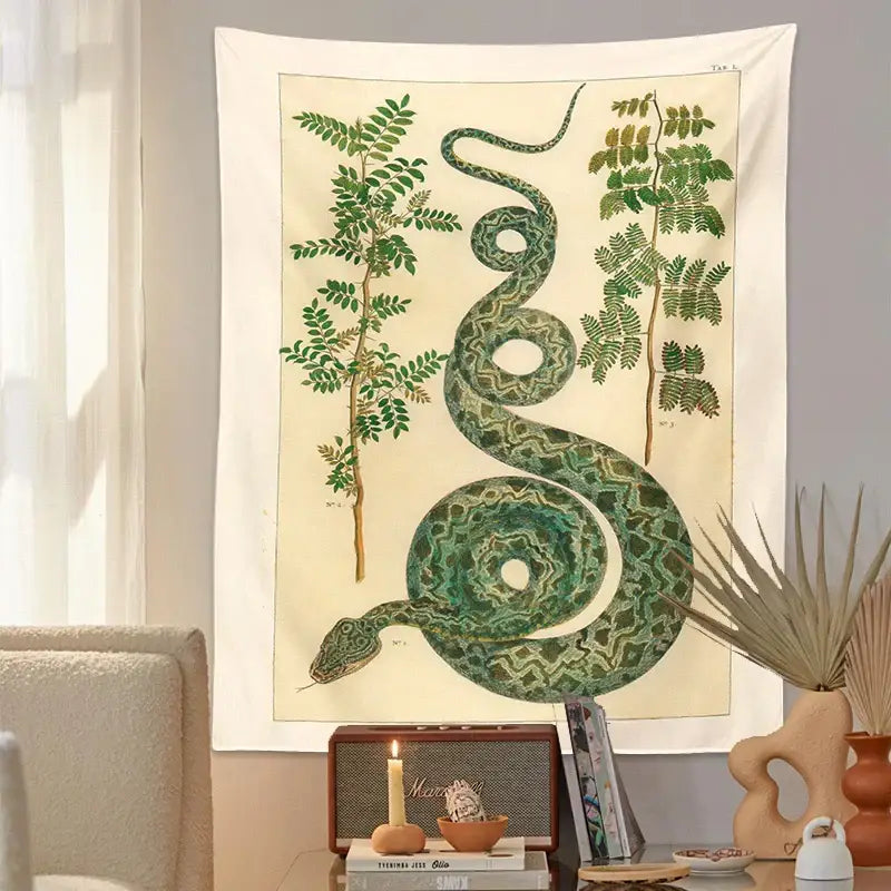Vintage botanical celestial snake tapestry wall hanging with a detailed green snake on off-white decorbites celestial snake design