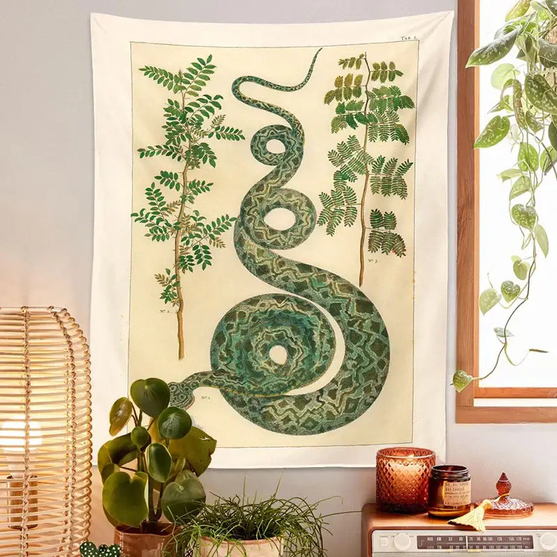 Vintage green celestial snake tapestry wall hanging with intricate leafy patterns for bedroom decorbites celestial snake decor