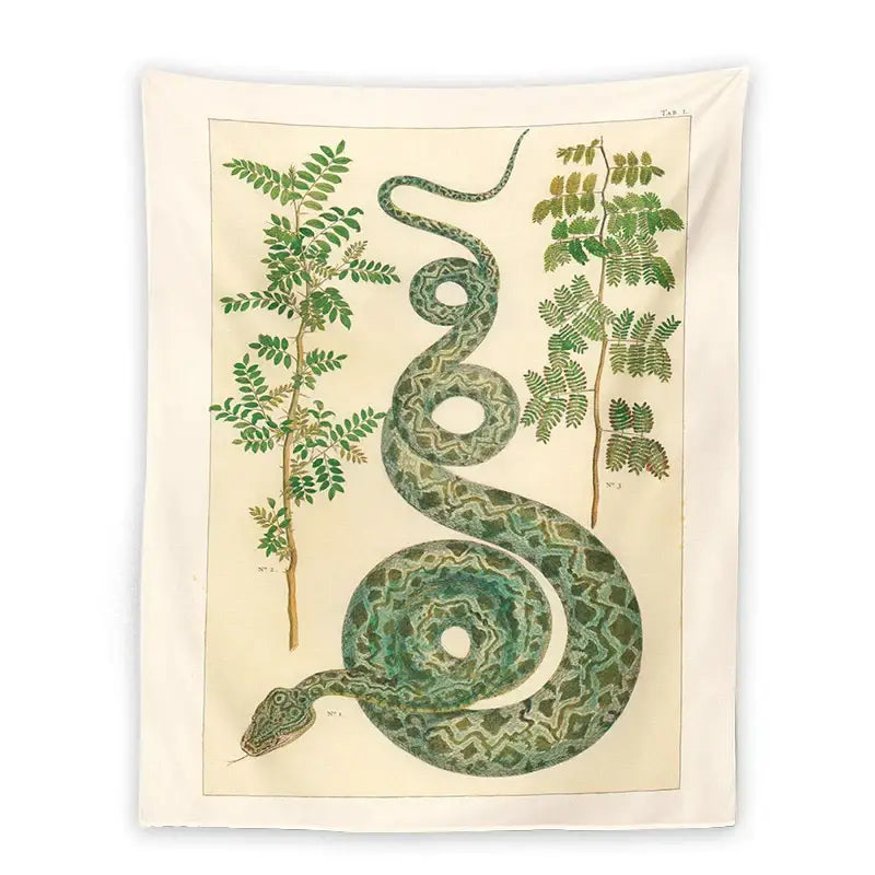 Vintage botanical celestial snake tapestry wall hanging featuring a coiled green snake and leafy plants on off-white decorbites background