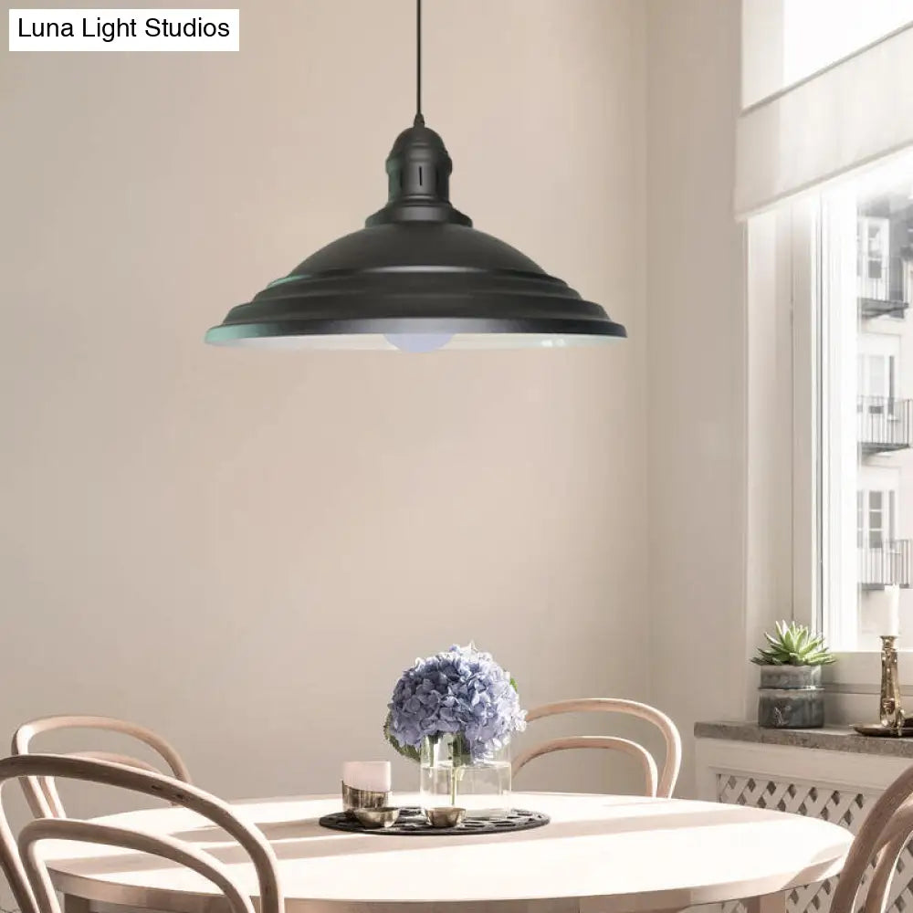 Vintage Bowl Hanging Ceiling Light - Black Metal 1-Head Pendant Lamp with Fluted Design for Balcony