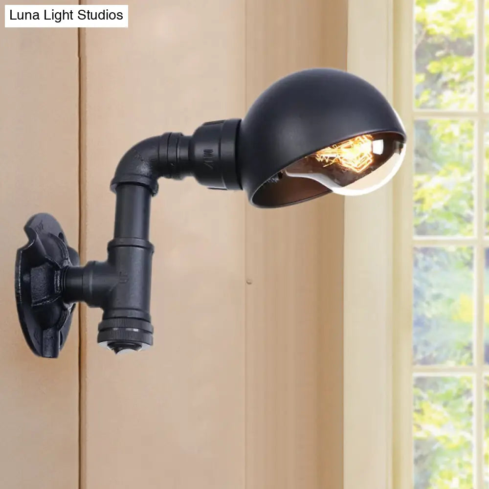 Vintage Bowl Shade Sconce Wall Light - Metallic 1-Light Lamp in Black with Pipe