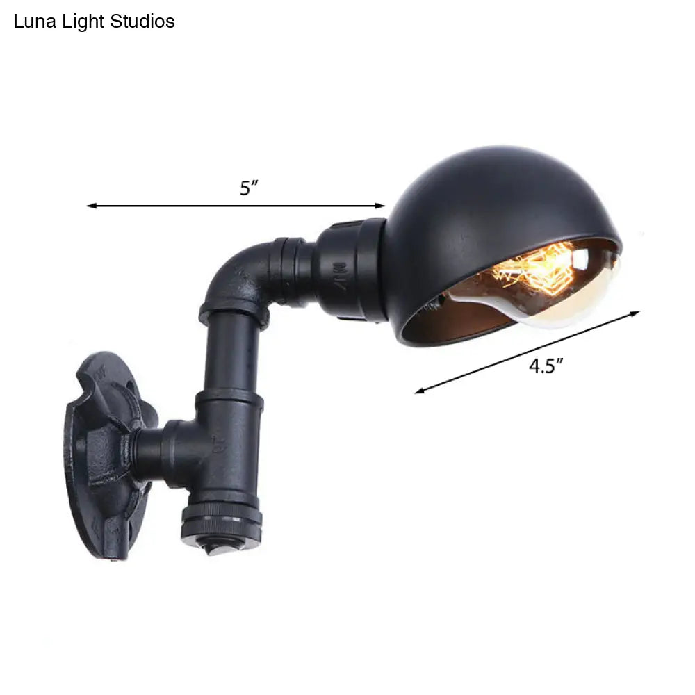 Vintage Bowl Shade Sconce Wall Light - Metallic 1-Light Lamp in Black with Pipe