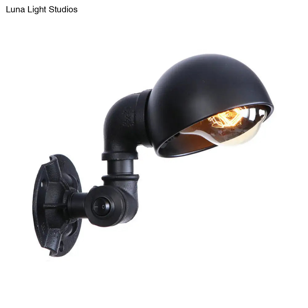 Vintage Bowl Shade Sconce Wall Light - Metallic 1-Light Lamp in Black with Pipe