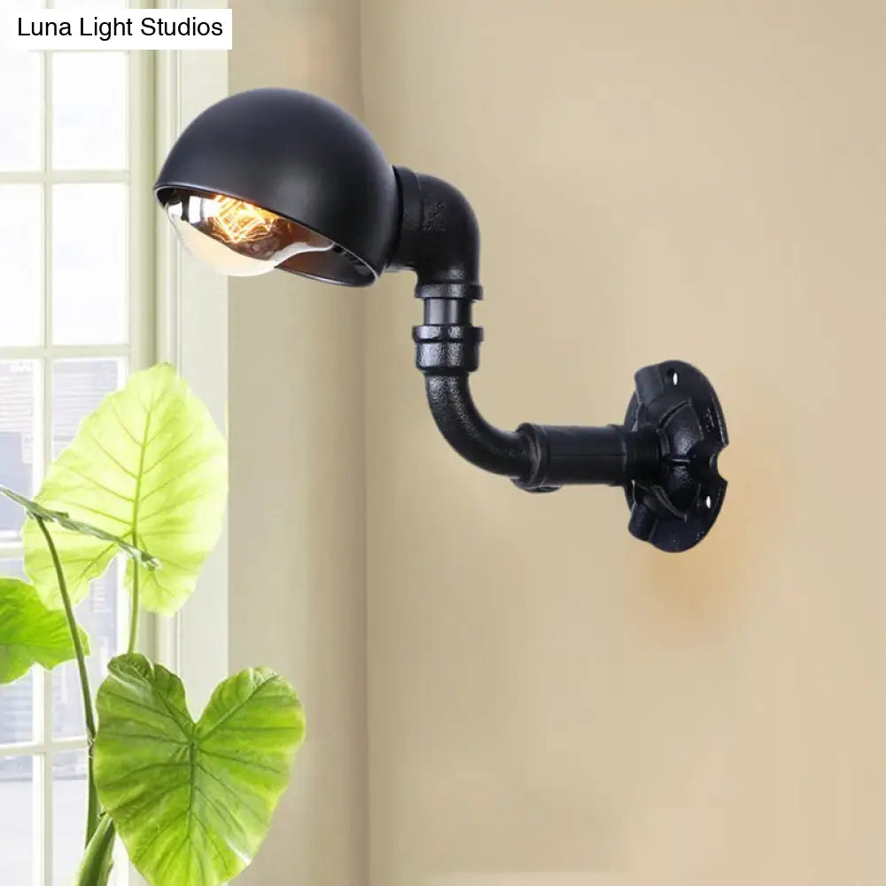 Vintage Bowl Shade Sconce Wall Light - Metallic 1-Light Lamp in Black with Pipe