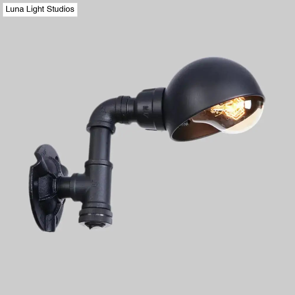 Vintage Bowl Shade Sconce Wall Light - Metallic 1-Light Lamp in Black with Pipe