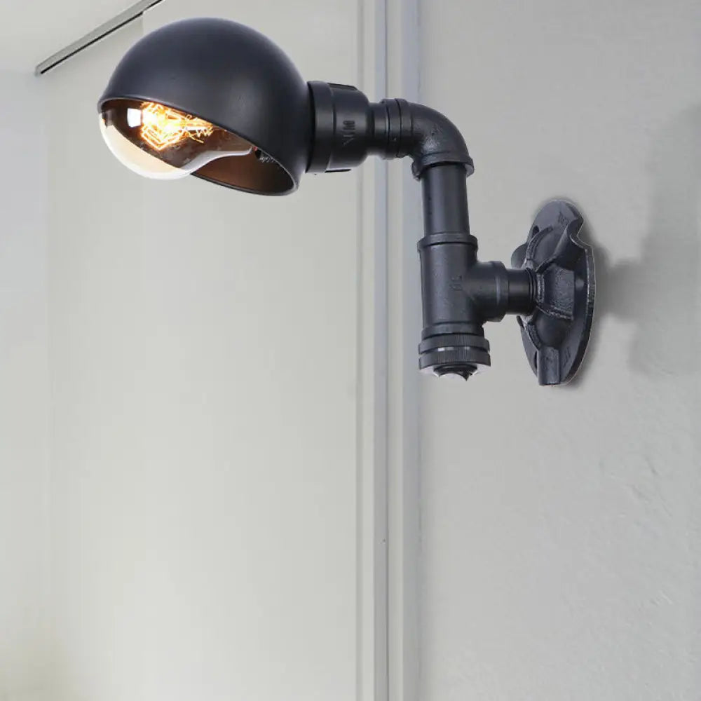 Vintage Bowl Shade Sconce Wall Light - Metallic 1-Light Lamp in Black with Pipe