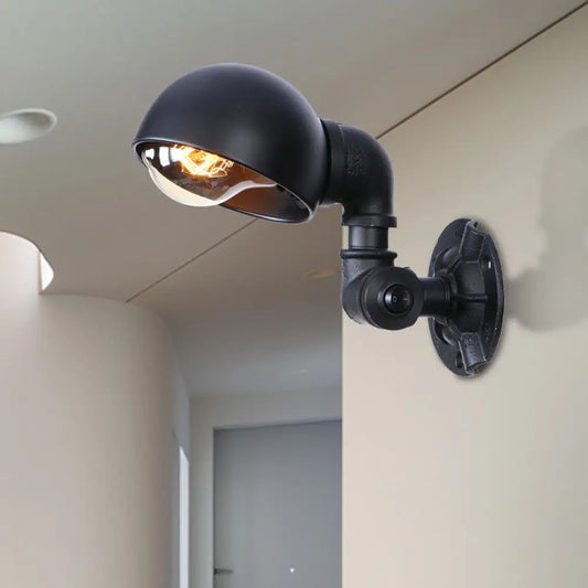 Vintage Bowl Shade Sconce Wall Light - Metallic 1-Light Lamp in Black with Pipe