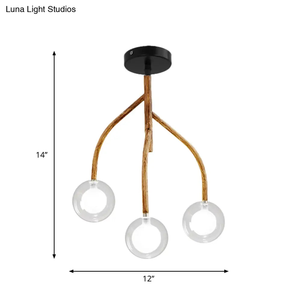 Vintage Branch Design Semi Flush Modo 3-Head Clear Glass Brown Flush Light Fixture
