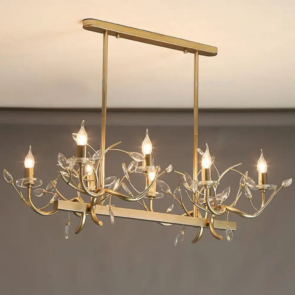 Vintage branch gold metal chandelier with intricate leaf and crystal accents for dining room lighting
