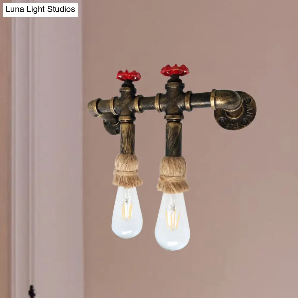 Vintage Brass 2-Head Industrial Sconce with Metal Water Pipe & Valve Wall Mount Lamp