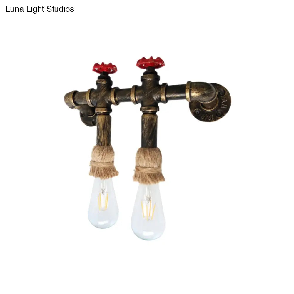 Vintage Brass 2-Head Industrial Sconce with Metal Water Pipe & Valve Wall Mount Lamp